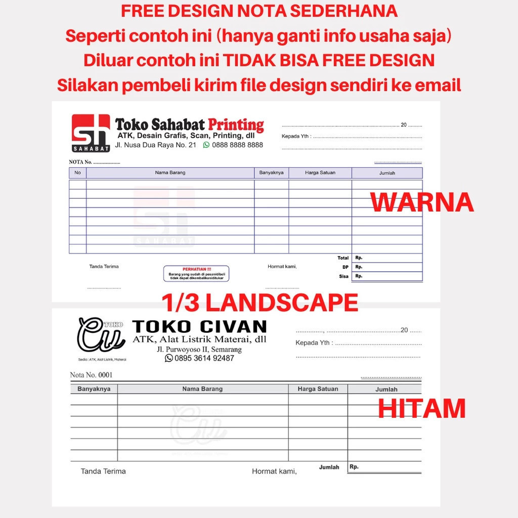 

[TERLENGKAP] NOTA TOKO CUSTOM 1 2 3 RANGKAP / PLY BON SURAT KWINTANSI SURAT JALAN INVOICE FORMULIR SLIP GAJI FORM