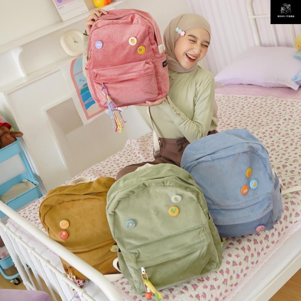 Himeku OOGIE MEDIUM Corduroy Backpack - Tas Sedang - Tas Sekolah Kuliah Kerja  - Ransel Pria Wanita