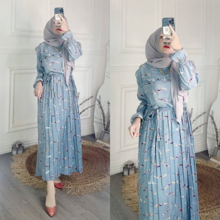 "SKY.LD" -  TERBARU DRESS ZOYA LEAF DRESS MOTIF ABSTRAK BAHAN PREMIUM / GAMIS MUSLIM - Navy