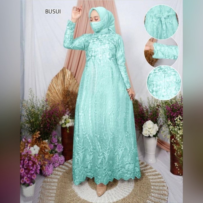 gamis narina Size M dress pesta baju brukat tile mewah murah nam at - mint