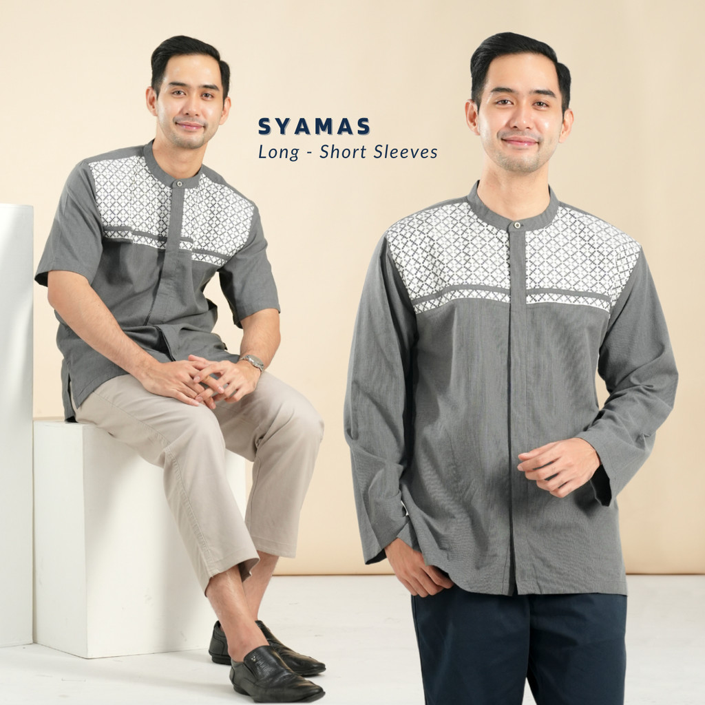 Muslimadani Baju Koko SYAMAS Regular Koko Dewasa Lengan Pendek dan Lengan Panjang Bordir Kemeja Koko