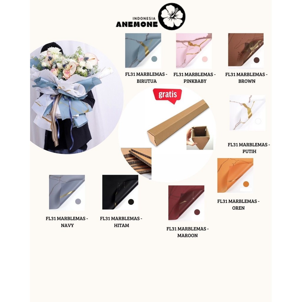 

ANEMONE - (5 LEMBAR) - FL31 MARBLEMAS Kertas Bunga Paper Buket Motif Marble Emas Florist Kado Cellophane