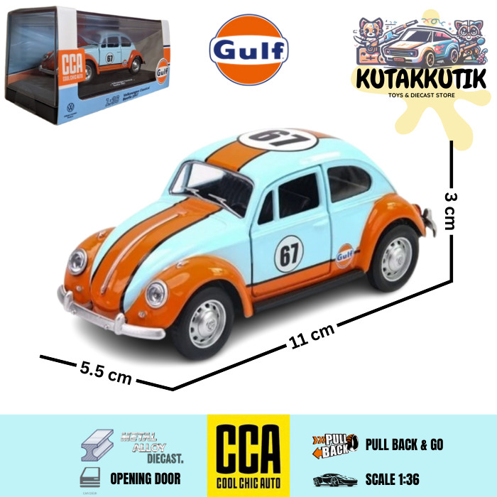 Mainan Mobil Balap Sedan Sport Diecast CCA Volkswagen Classical Beetle 1967 Gulf Biru Strip Orange S