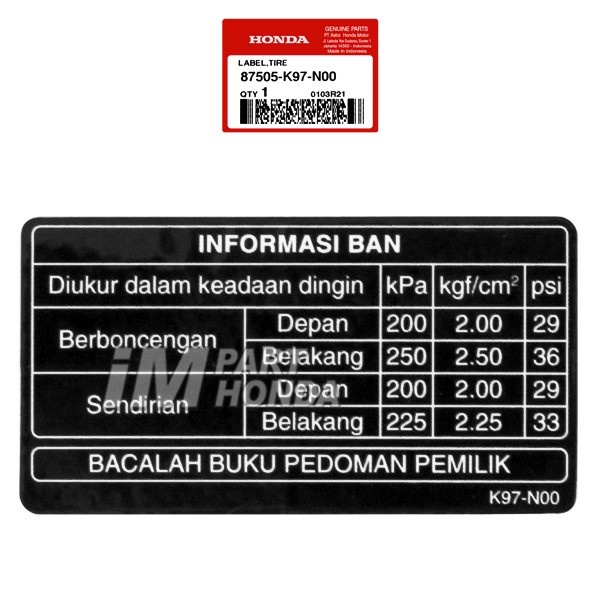 87505-K97-N00 Stiker Informasi Tekanan Angin Label Tire PCX 150 LED