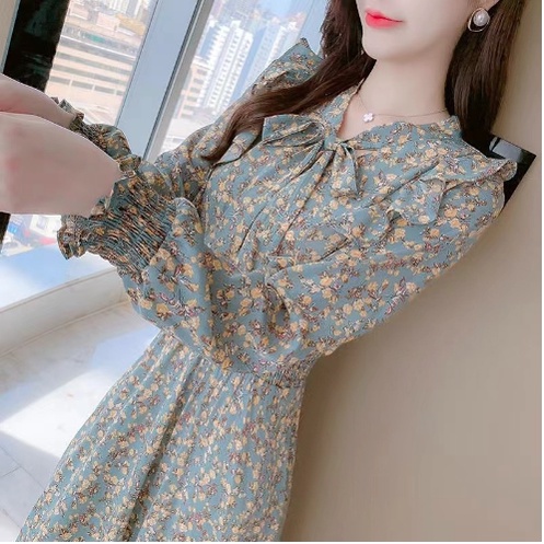 Midi Dress Panjang Bawah Lutut Sebetis Motif Bunga warna Biru Kehijauan Lengan panjang - Dres Gaun B