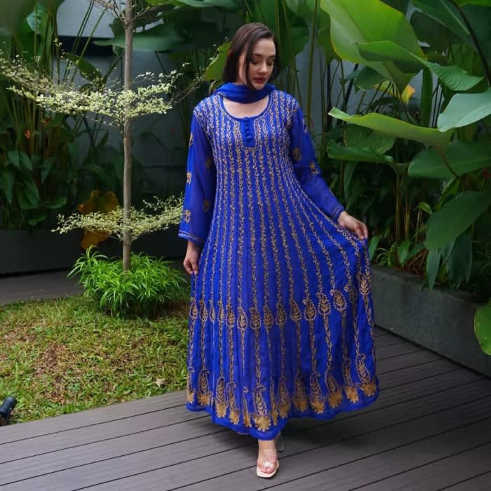 Gamis Full Bordir Dori Biru Elektrik