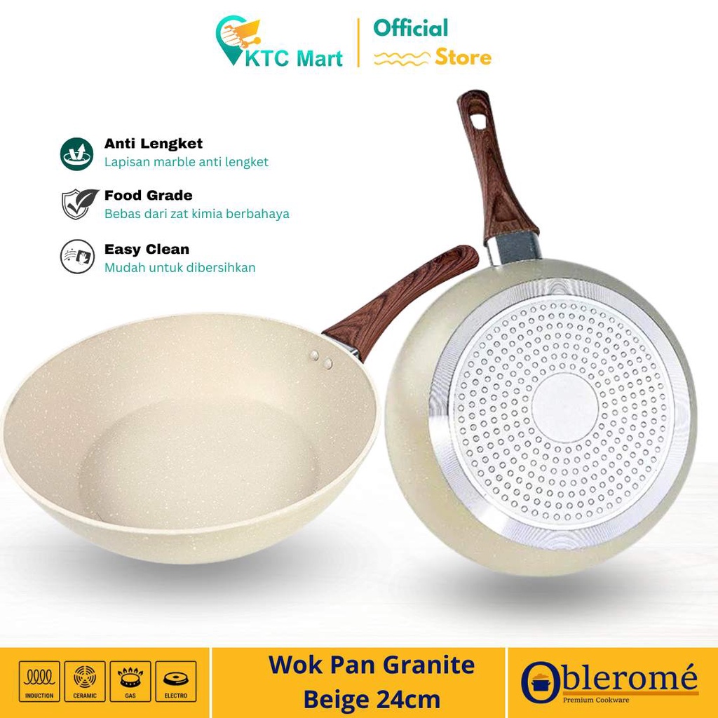 OBLEROME Deep Pan Marble Granite 24 CM Wajan Granite Anti Lengket Wok Pan Granite Premium Cookware