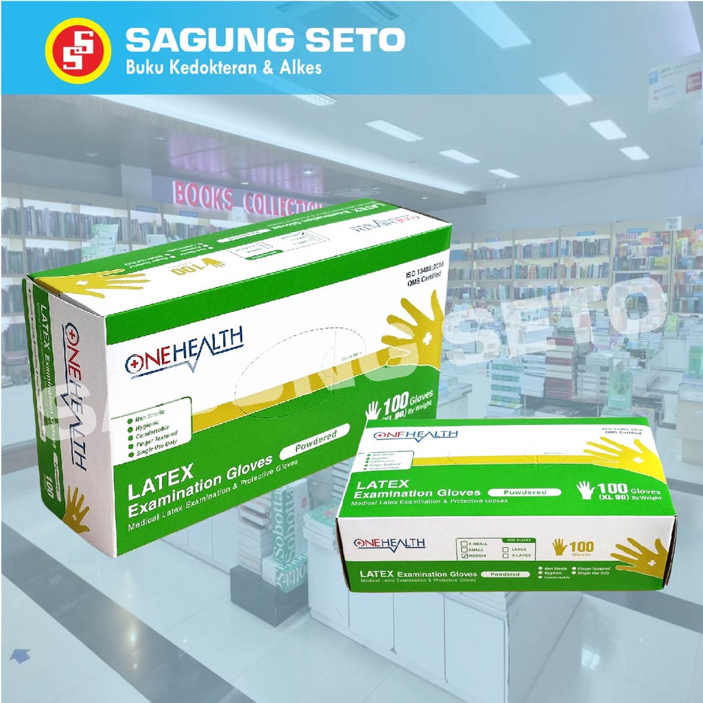 LATEX EXAMINATION GLOVES UK M ONEHEALTH / SARUNG TANGAN MEDIS SEKALI PAKAI UKURAN M