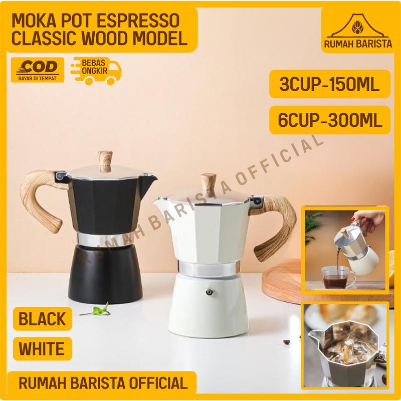 Moka Pot Espresso 3CUP 6CUP Putih Hitam 150ML 300ML Handel Kayu - Coffee Maker Moka Pot Kopi Model G