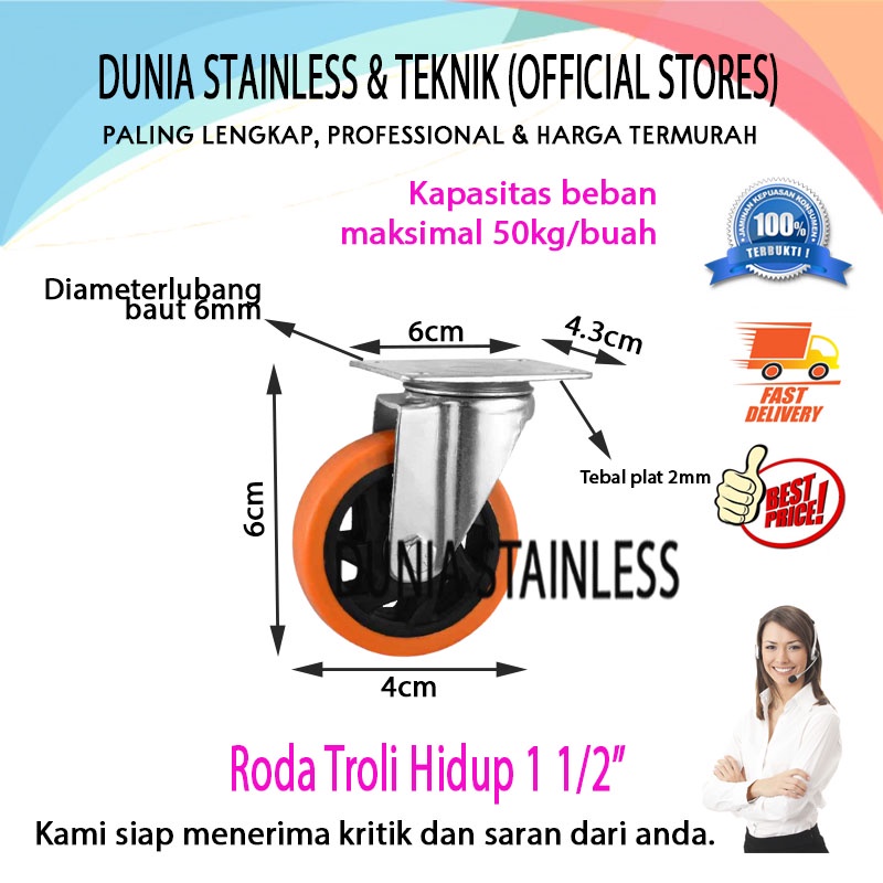 Roda Troli Hidup 1 1/2 inch|pintu|pagar|besi|teknik|interior|kayu