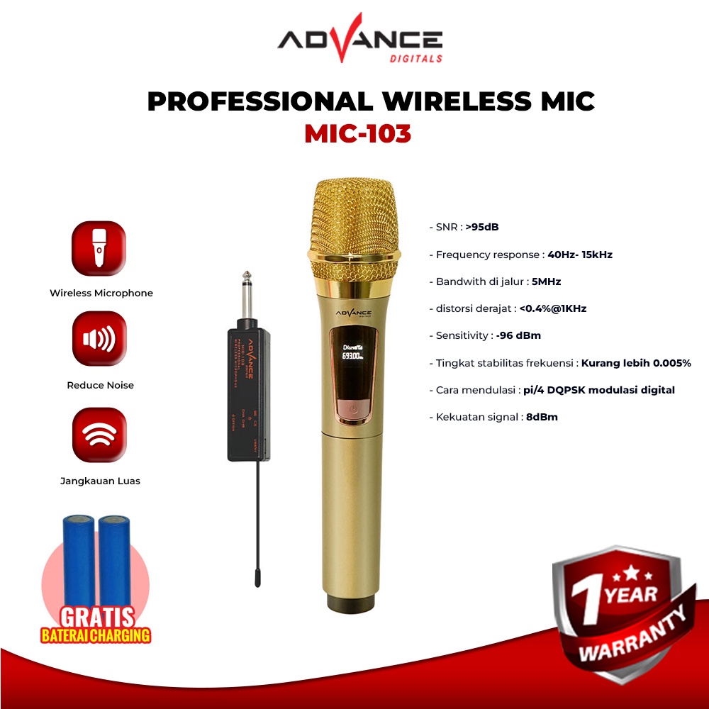 Advance Mic-103 Microphone Profesional Mic Wireless Bisa di Charger
