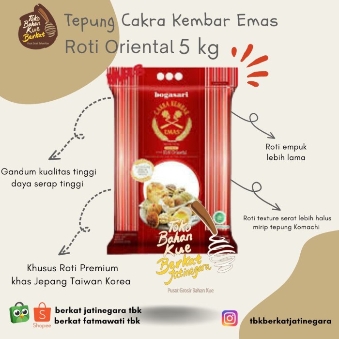 

[Big Sale] TEPUNG CAKRA KEMBAR EMAS ORIENTAL BOGASARI UNTUK ROTI 5 KG - 1 pcs