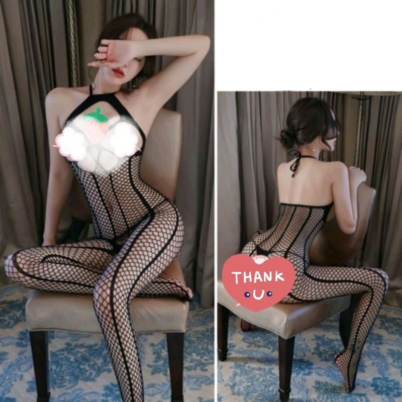 COD - Lingerie body stocking model jaring besar transparan open bra & V crotch - Bergaransi 100%