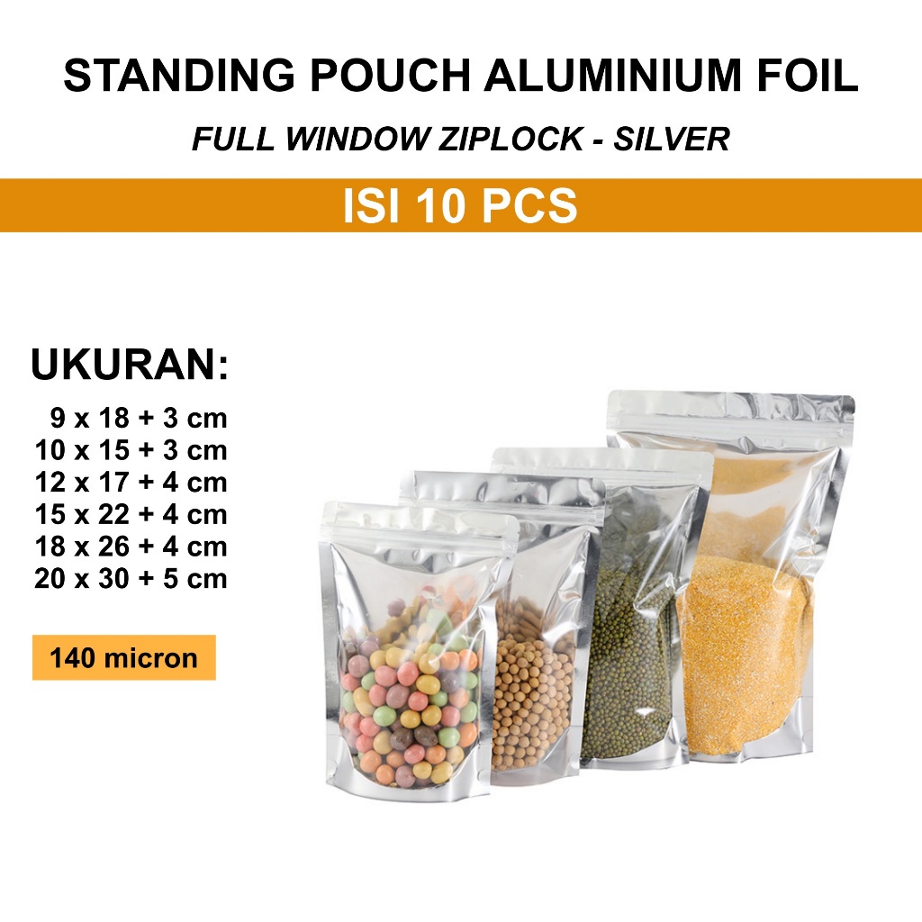 Norden - (ISI 10) STANDING POUCH ALUMINIUM FULL WINDOW ZIPLOCK SILVER - Plastik Zip Lock Klip Foil K