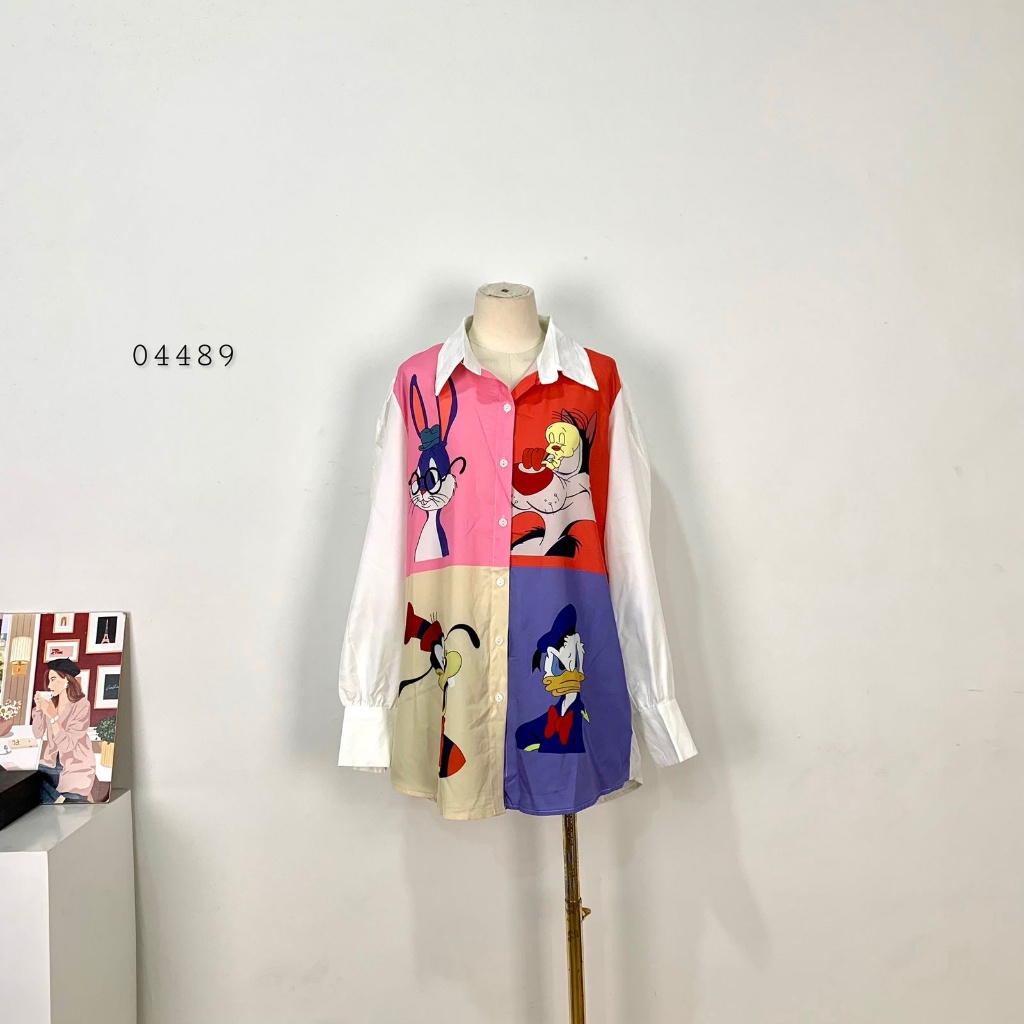 04489 KEMEJA SLIKY KARAKTER DISNEY LENGAN PANJANG KEMEJA SLIKY PUTIH WANITA VARIASI MOTIF KARAKTER D