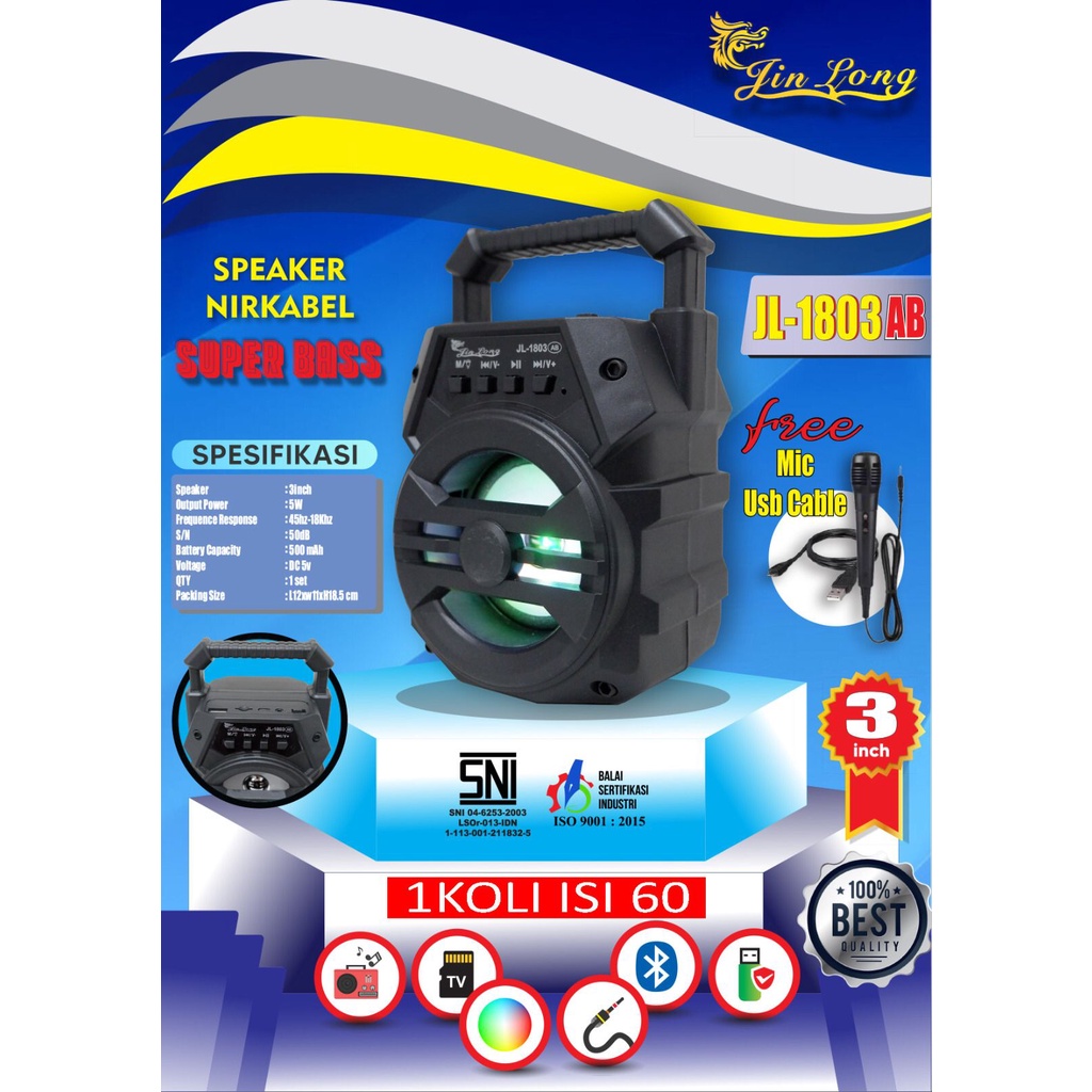 Speaker Bluetooth Karaoke JINLONG 1803 AB/AC Portable  Free Mic Kabel | Speaker Karaoke Portable Jin
