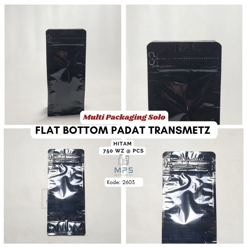 Flat Bottom Padat Transmetz Hitam 750 Wz @ Pcs / Flat Bottom / Plastik Kemasan / Kemasan Kopi / Kema