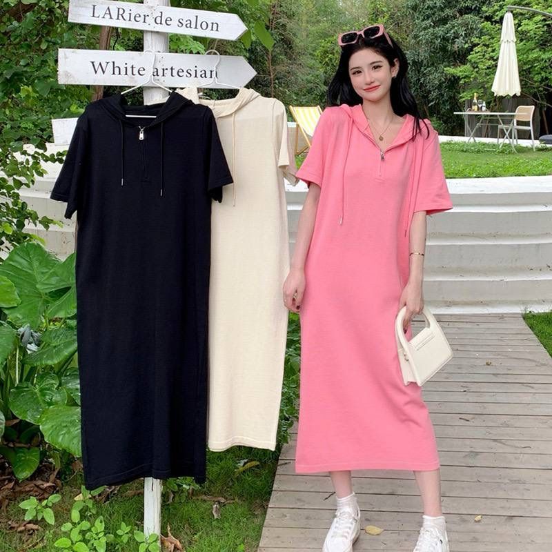 DRESS RAJUT HOODIE POLOS VARIASI ZIPPER DEPAN LENGAN PENDEK PREMIUM WANITA TERUSAN LONG DRESS RAJUT 