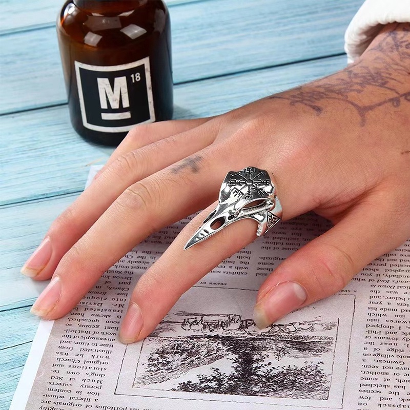 Vintage Bird Skull Ring Hip Hop Eagle Mulut Defense Defense Ring Disesuaikan Cincin Pembukaan-G
