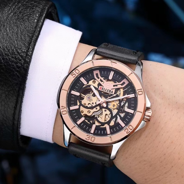 Jam Tangan Pria Belleda 9482 Automatic Fashion Classic Tali Kulit Tahan Air 30 Meter Original Watch