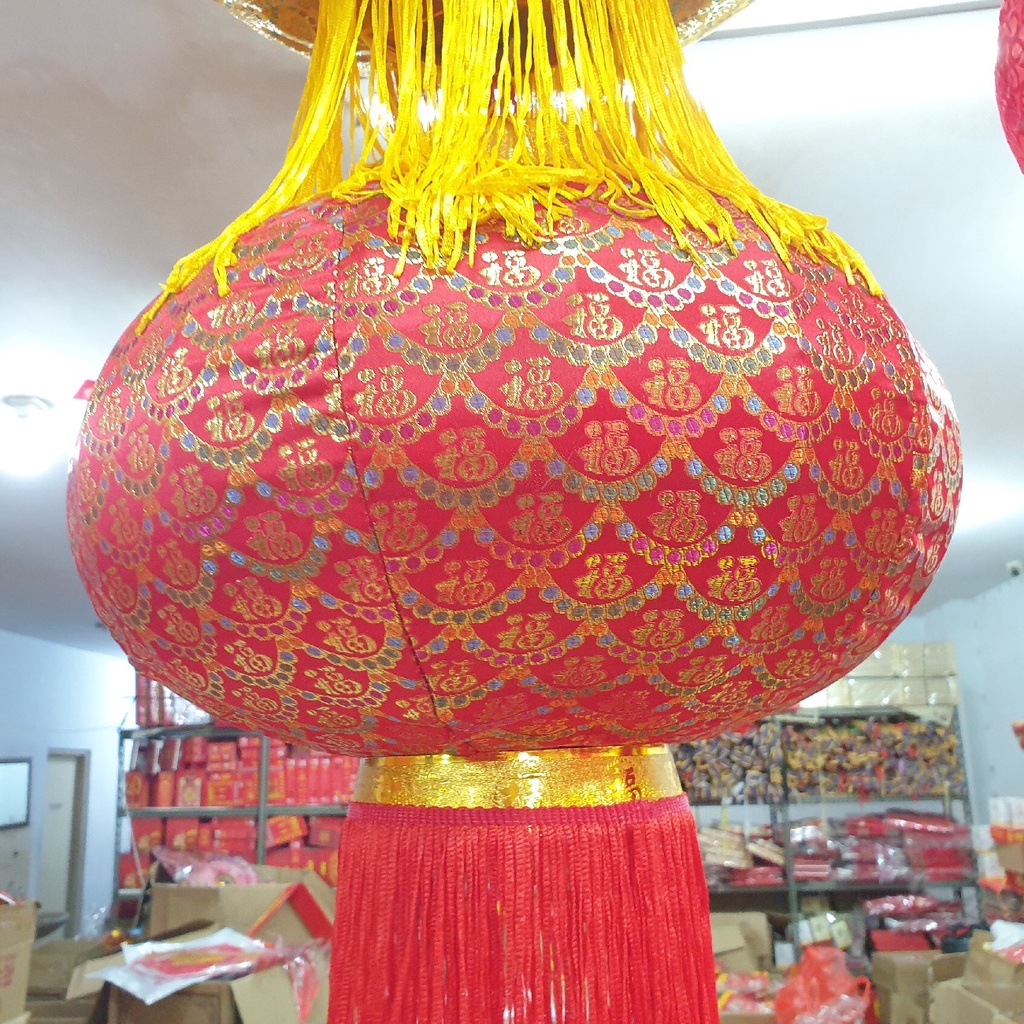 Lampion Imlek Bulat 60 Cm Kain Emas Merah 2 PC Manik Payet Glitter