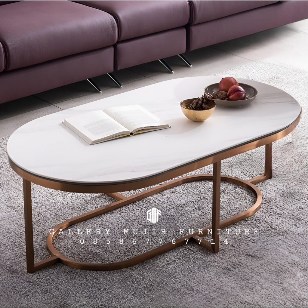 meja tamu marmer, coffee table marmer, meja stainless top marmer - cream