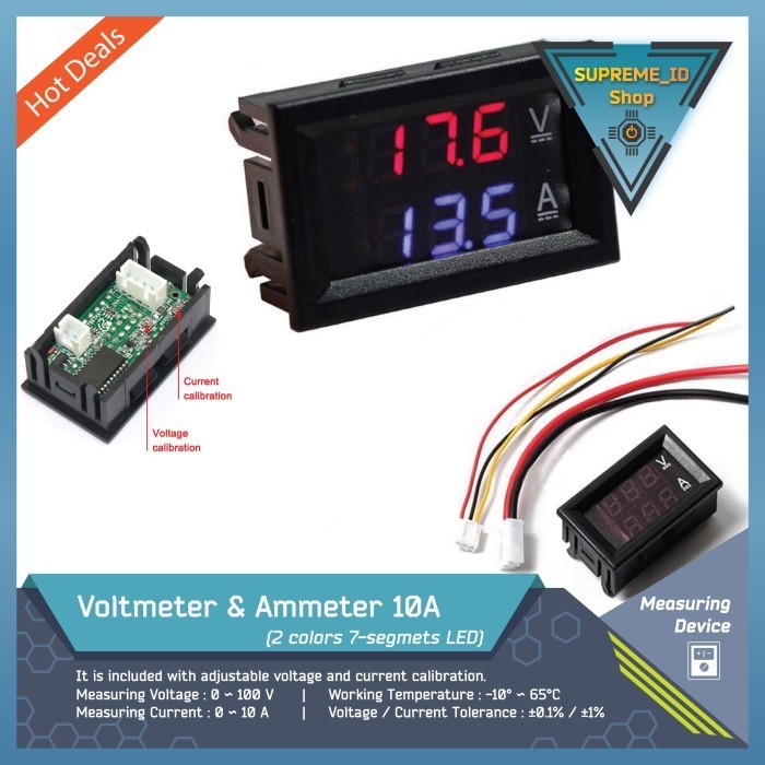 Digital DC Voltmeter & Ammeter Dual-LED Color 7-Segments LED Display | 100V 10A suitable for Power U