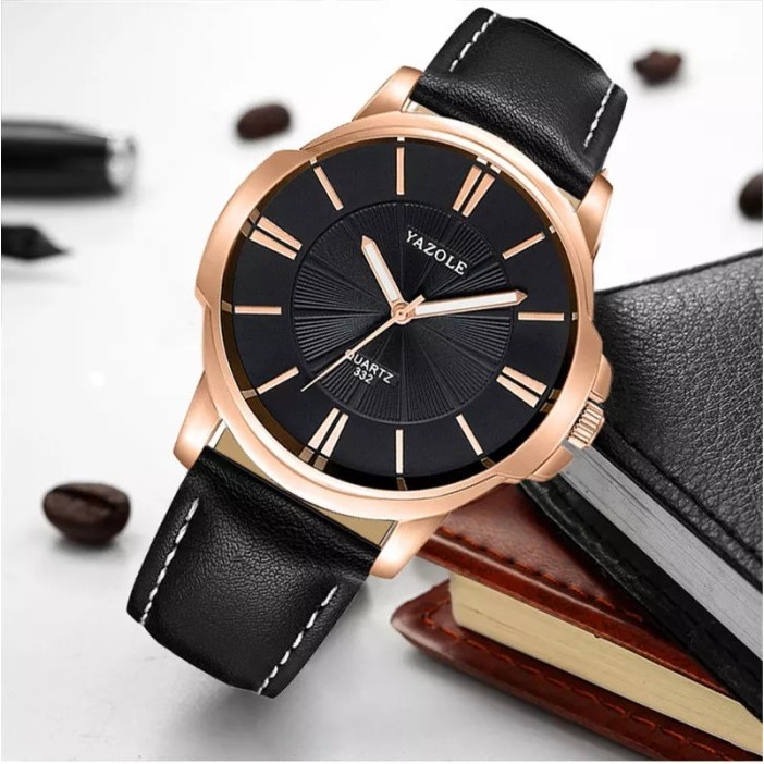 Jam Tangan Pria Anti Air Original Luxury KULIT YAZOLE COD (FREE BOX) - Black Gold /Update 2025