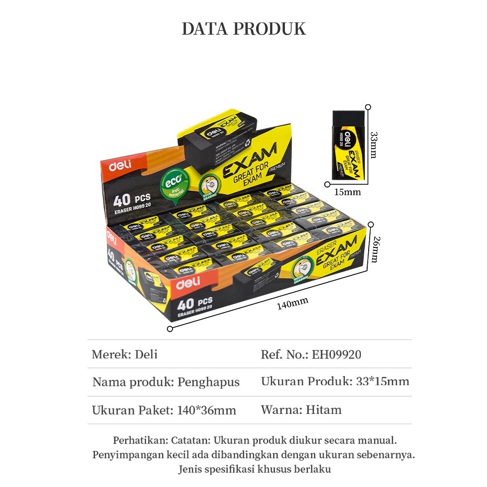 

Deli Penghapus Eraser Ujian Exam 2B 33 15 12mm 10gram pcs Hitam Black EH09920