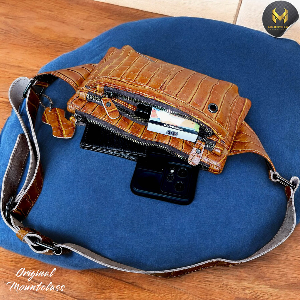 Mount Class Tas Kulit Sapi Motif Buaya Waist Bag Dada Pinggang Sling bag Cowok Tas Pria