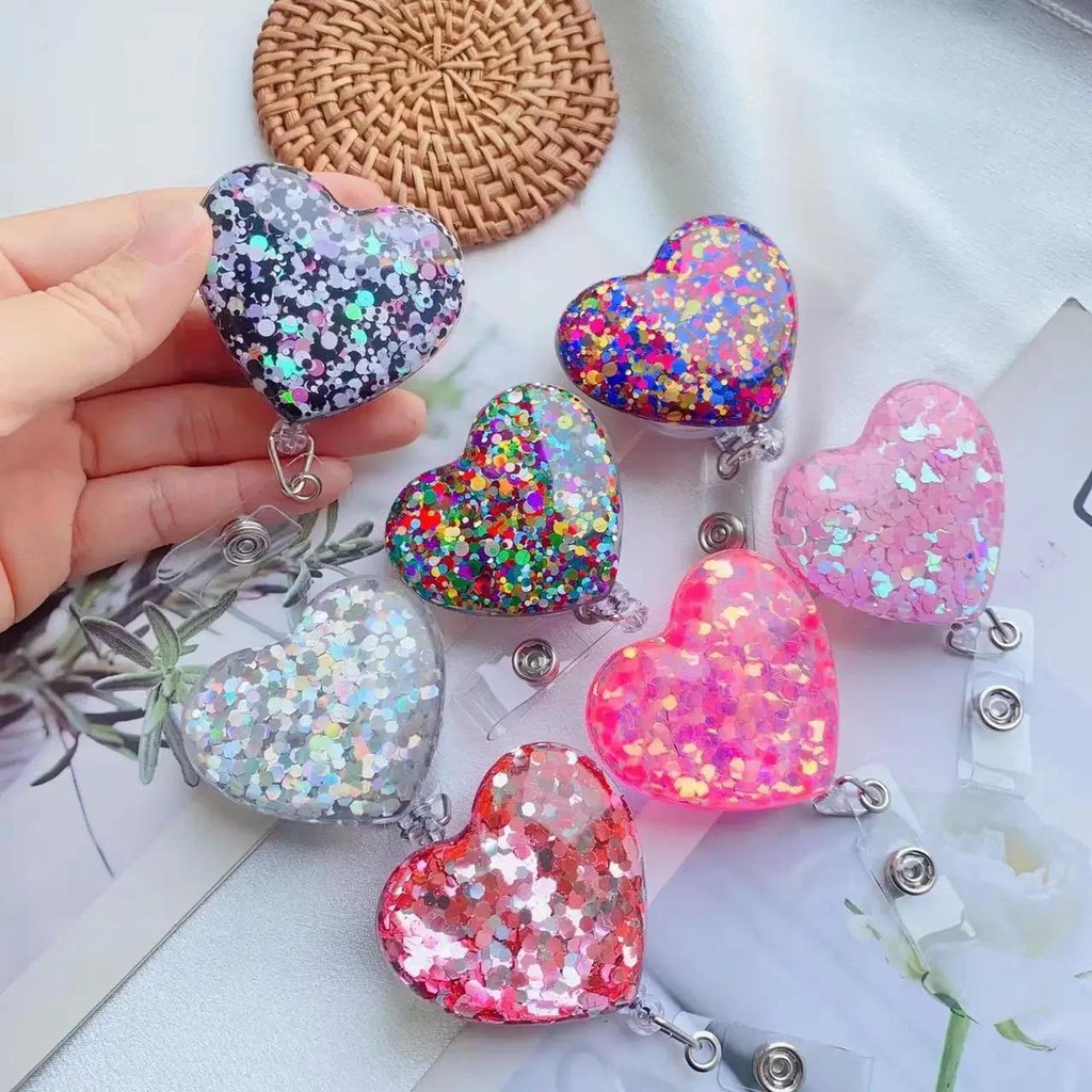 

Shine Heart Retractable Badge Reel Lanyards ID Name Card Badge Holder Nurse Student Employee Card Alligator Clip Office Supplies