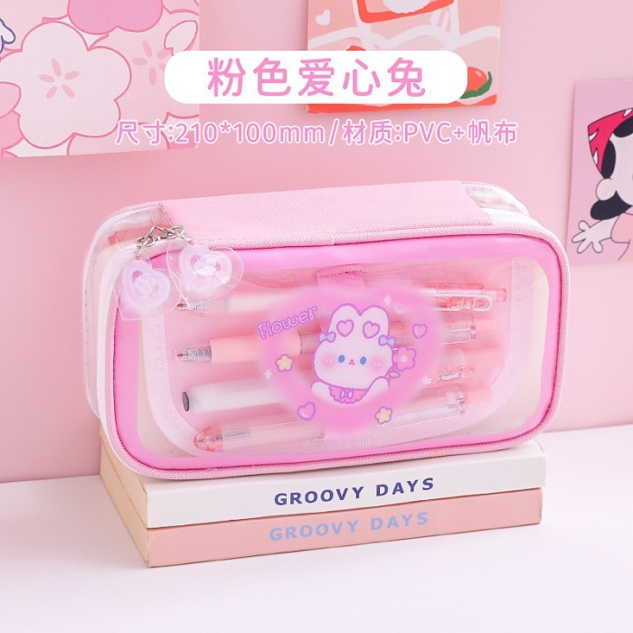 

Korea style big pencil box transparan organizer bag kotak pensil kawai - Green