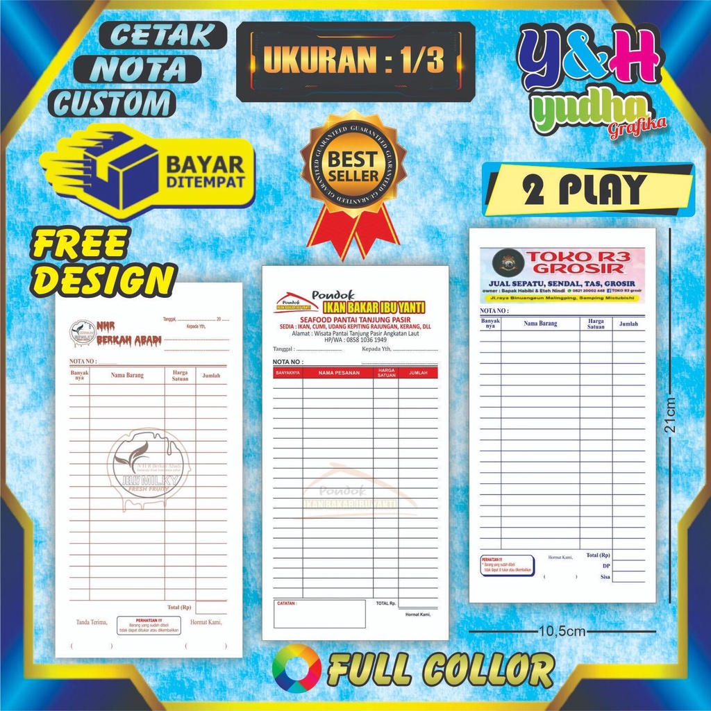 

Cetak Nota Costum 1/3 2 Ply Gratis Desain Gratis Logo Bebas Nama Sendiri Y&H YUDHA GRAFIKA