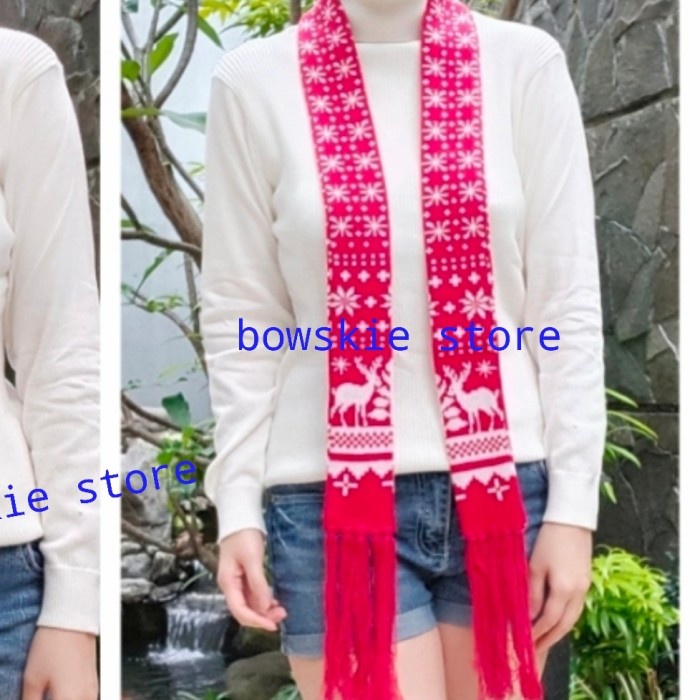 [SO59] syall shawl leher aksesoris natal syal scarf rajut motif rusa salju - snowflake merah