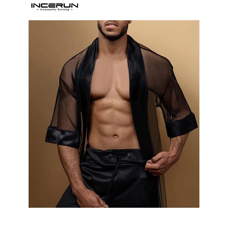 Kimono Kardigan Pria Lengan Setengah Transparan, Kemeja Jaring Perca 2022, Kimono Kardigan Lengan Se