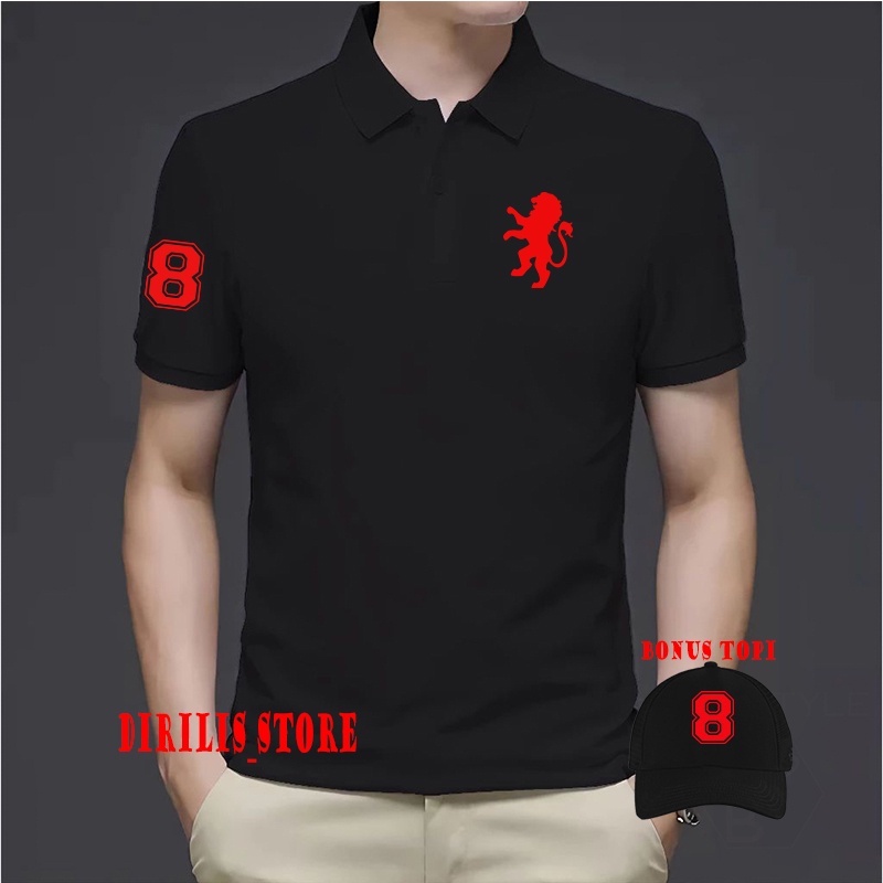 BONUS TOPI  Kaos Polo Kerah Pria & Wanita Giordano Lion Text Merah Premium Unisex
