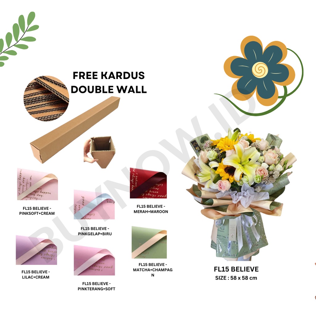 

(5 LEMBAR) - FL15 BELIEVE Kertas Bunga Paper Buket Motif Tulisan Text Florist Cellophane