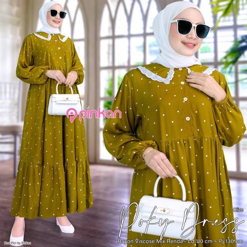 Gamis Wanita Terbaru Bahan Rayon Motif Polkadot Midi Dress Muslim Korean Style Kekinian