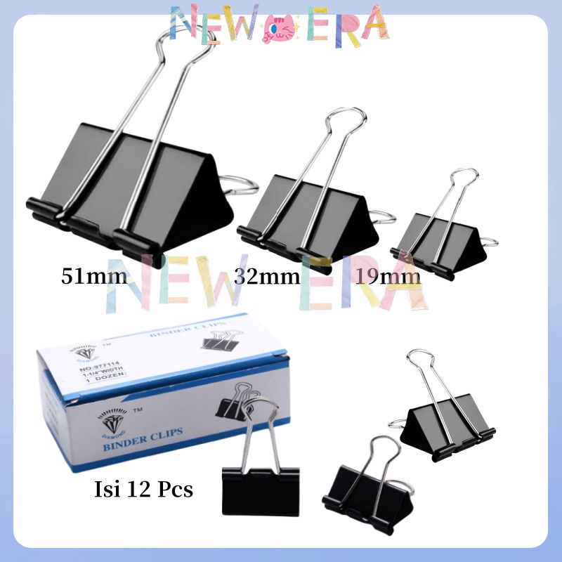 

NewEra 1 Pak Isi 12 Pcs Klip Penjepit Kertas 19mm 32mm 51mm Binder Klip Binder Clip Folder Kertas Tes Klip Pengikat Hitam Logam