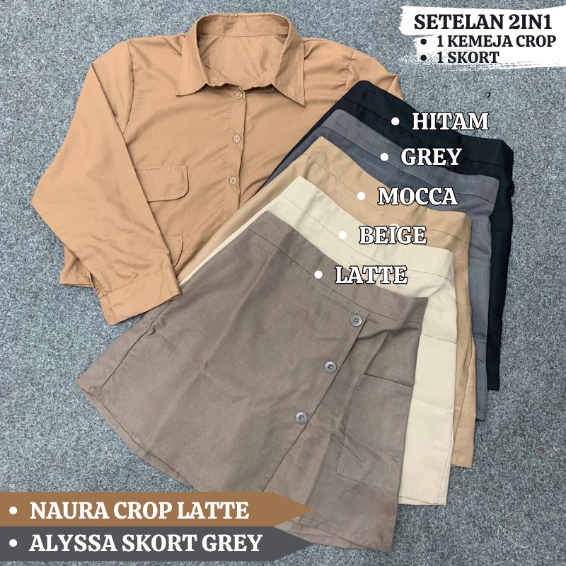 SETELAN ONESET ROK CELANA / MINI SKIRT + KEMEJA CROP SHIRT