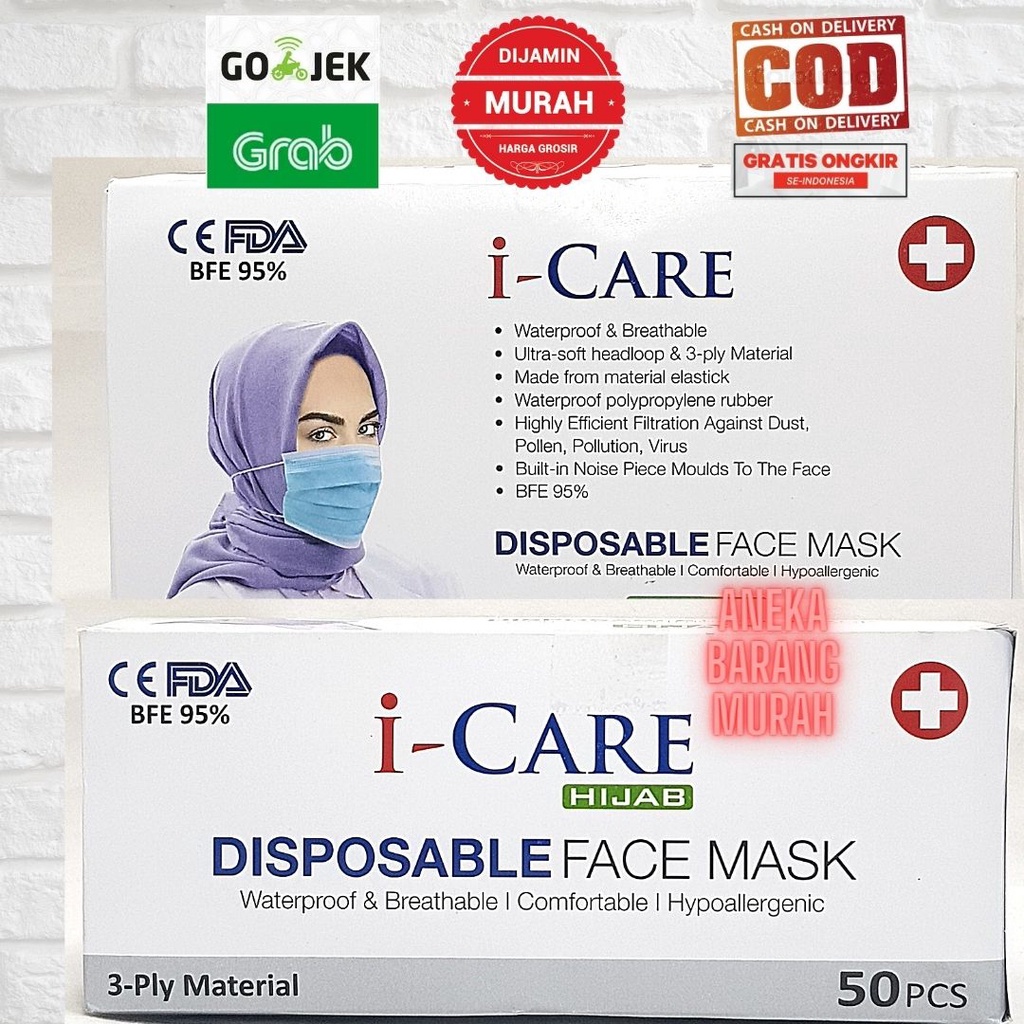 Masker 3ply Headloop 3 Ply Masker Hijab 3 Lapis Medis Bedah Disposable Mask Miisoo i-Care not sensi