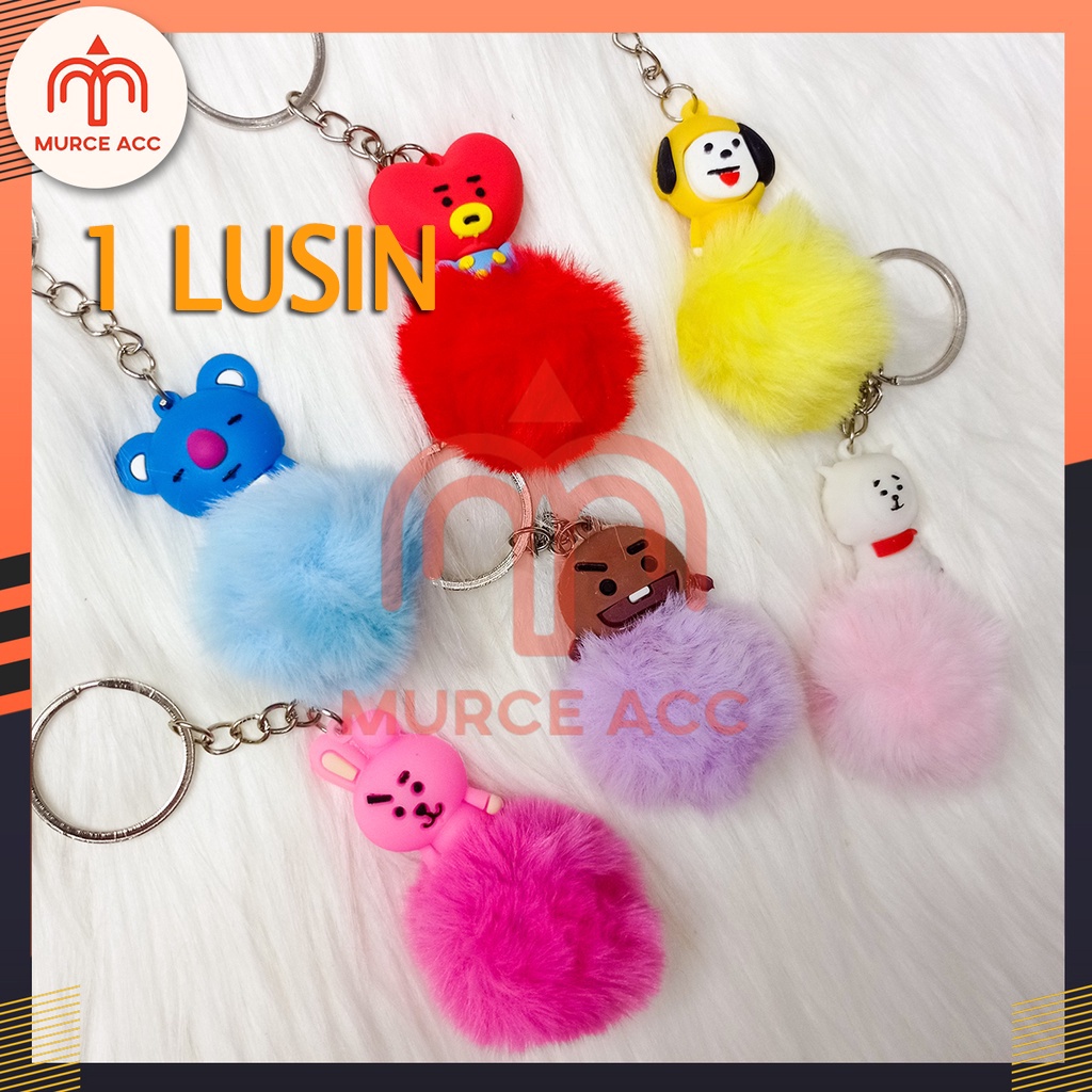 (1 Lusin 12 Pcs) Gantungan Kunci BT21 BTS Bulu Pompom