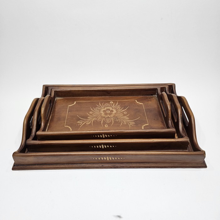 Nampan Baki Talam Penampan Kayu Jati Ukir Cukit Klasik 1 Set Isi 3