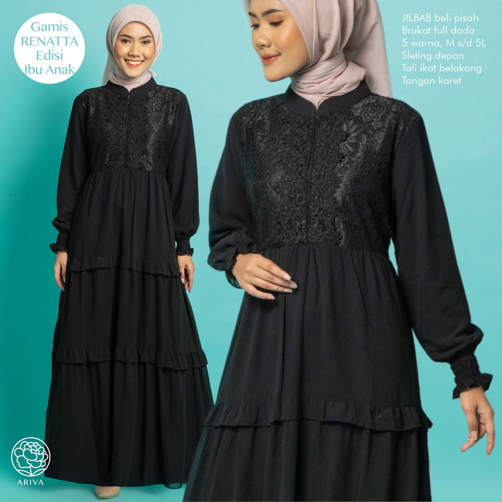 Gamis RENATTA Brukat Hitam Ruffle - Gamis Payung Elegan Pesta – Gamis Umroh Lebaran Hitam by ARIVA