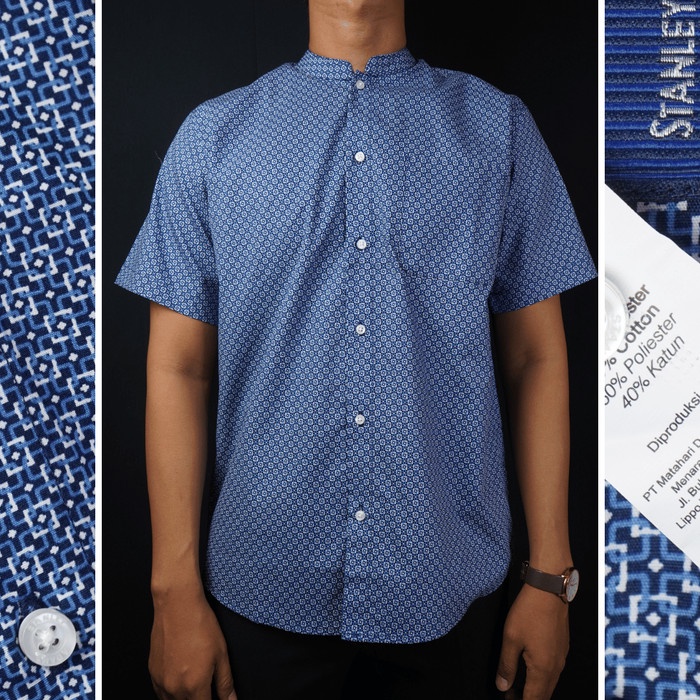 Mark Kemeja Pria Reguler Stanley Adams Lengan Pendek Navy Motif Patern 14 - 14.5/S