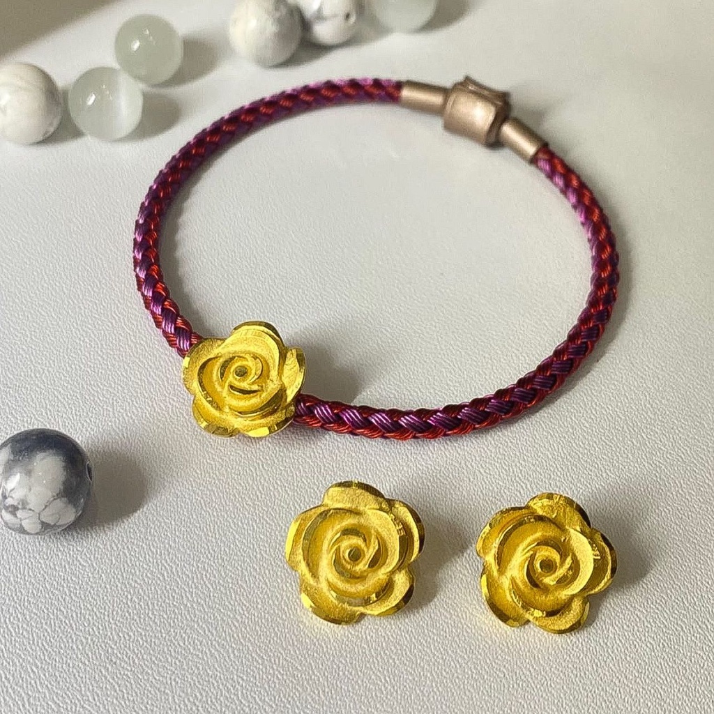 Pandora gelang anak dan dewasa emas asli 24k 99 LM import charm murni bunga mawar rose bola lucky ca