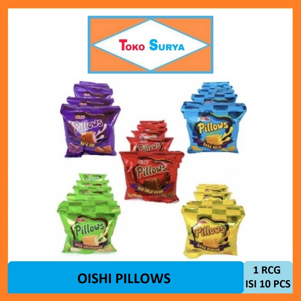 

Oishi Pillows Cokelat/Cokelat Kacang/Cocopandan/Keju/Durian/Ubi 10x12G