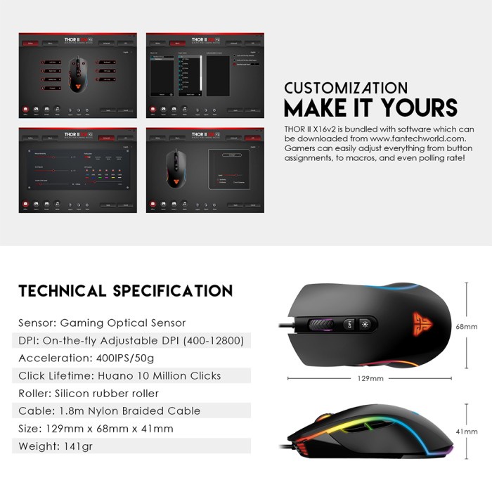 Mouse Gaming Macro Fantech X16 V2 Thor II RGB Gaming Mouse Pixart 3519