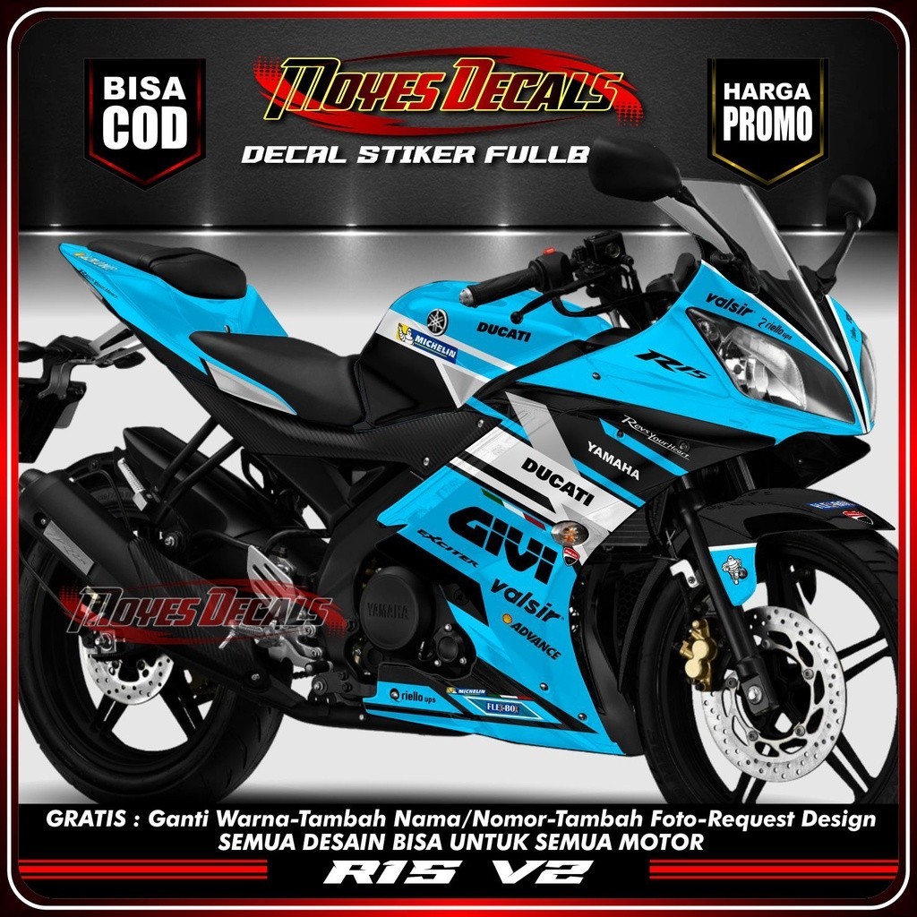 Decal motor R15 V2 Stiker Decal Fullbody R15 V2 Motif Givi Recing Biru Muda