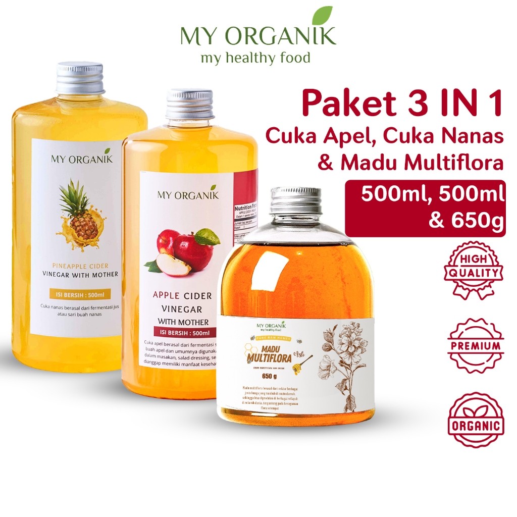 

My Organik Cuka Apel Cuka Nanas Original 500ml Madu Multiflora 650gr Paket 3 in 1 Premium